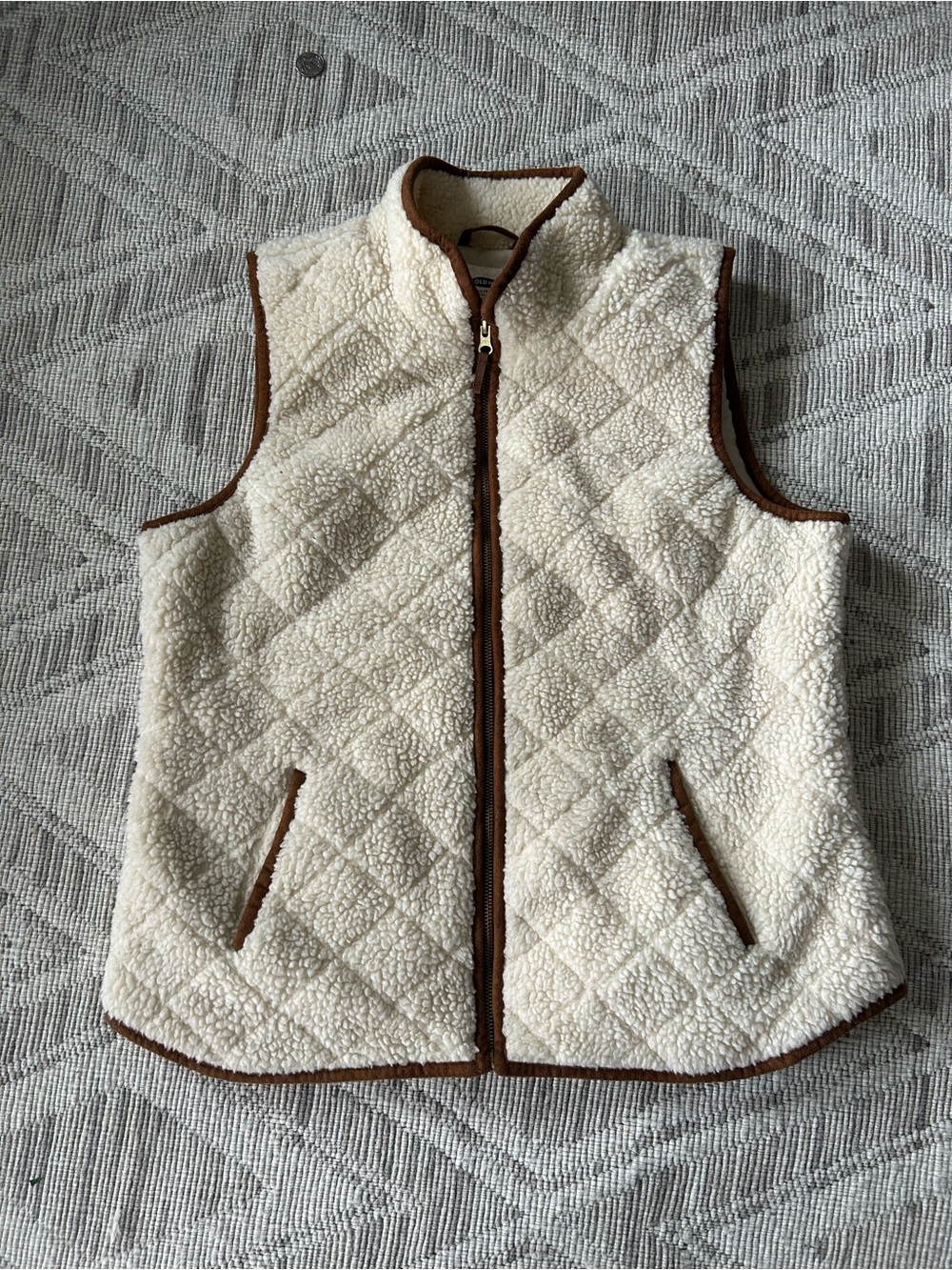 Old Navy Cream Quilted Sherpa Vest with Brown Trim